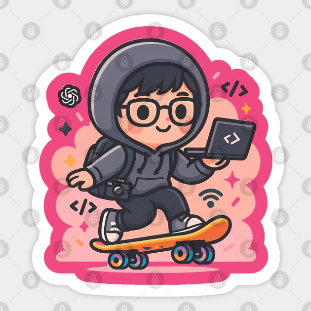 Skate & Code – Kawaii Hacker on Wheels Sticker by Hobby Helpers Merch